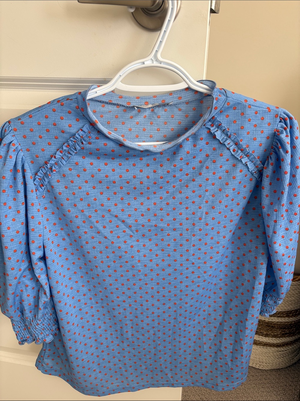 Zara Light Blue Blouse with Red Polka Dots
